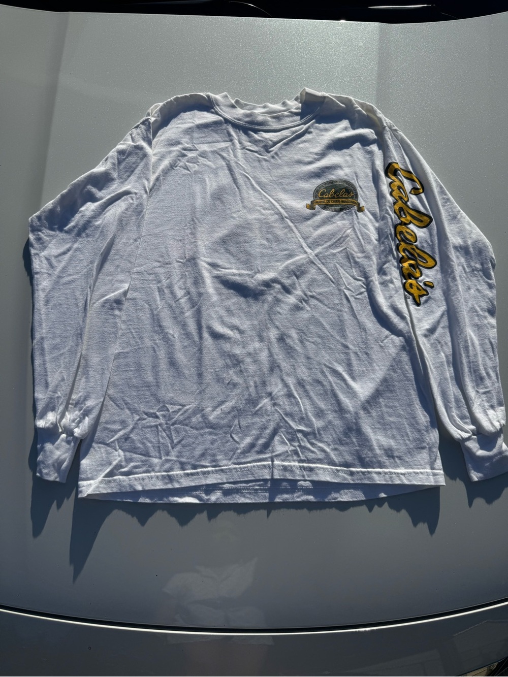 Cabela's White Long Sleeve Logo Shirt with Yellow Script